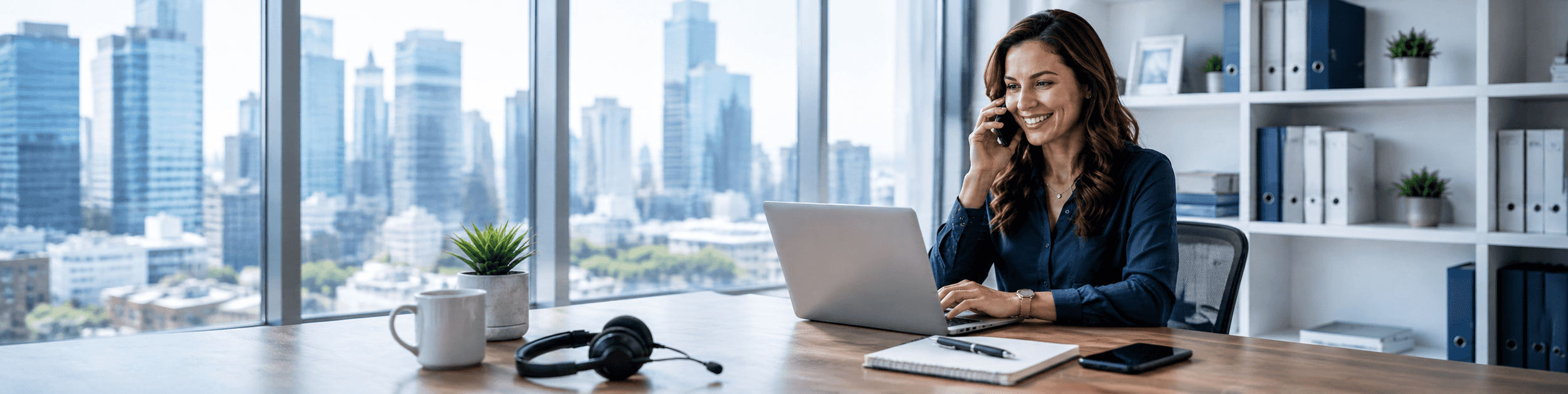 Majoka Accounting professional on a call at a laptop with a city skyline behind
