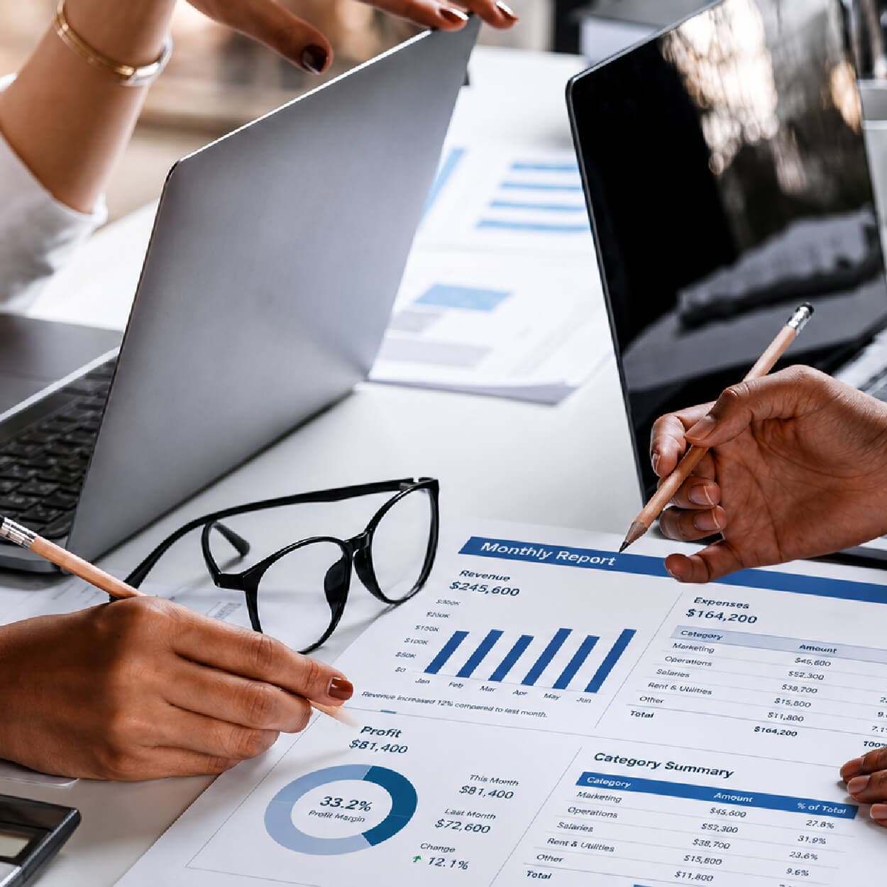 Month-end close — reviewing monthly reports and notes